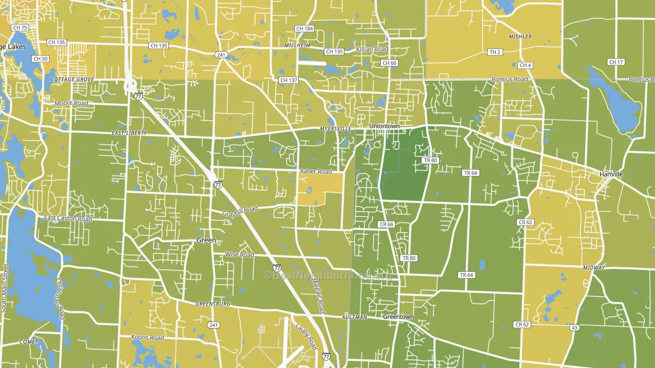 Map of the best neighborhoods in the 44685 area, with better matches in green and worse matches in red