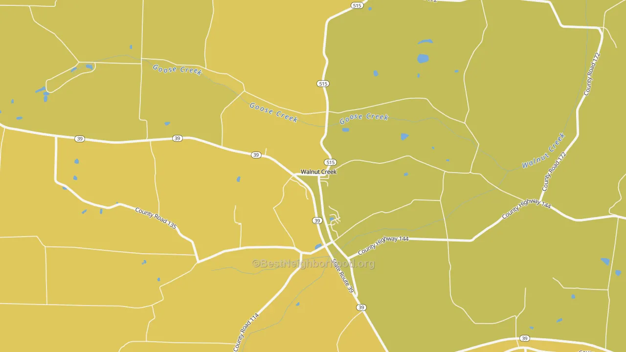 Map of the best neighborhoods in the 44687 area, with better matches in green and worse matches in red