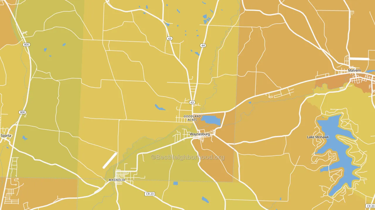 Map of the best neighborhoods in the 44688 area, with better matches in green and worse matches in red