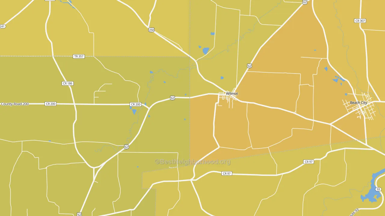 Map of the best neighborhoods in the 44689 area, with better matches in green and worse matches in red