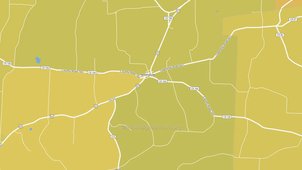 Map of the best neighborhoods in the 44690 area, with better matches in green and worse matches in red
