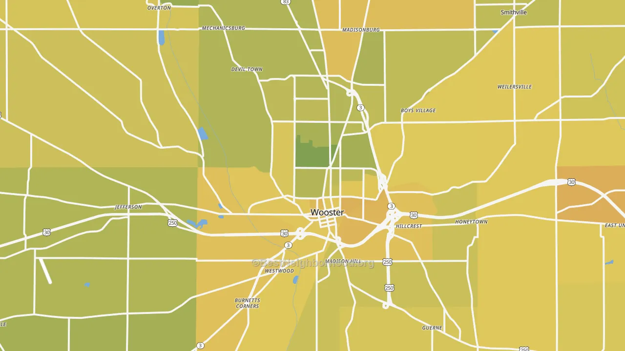 Map of the best neighborhoods in the 44691 area, with better matches in green and worse matches in red