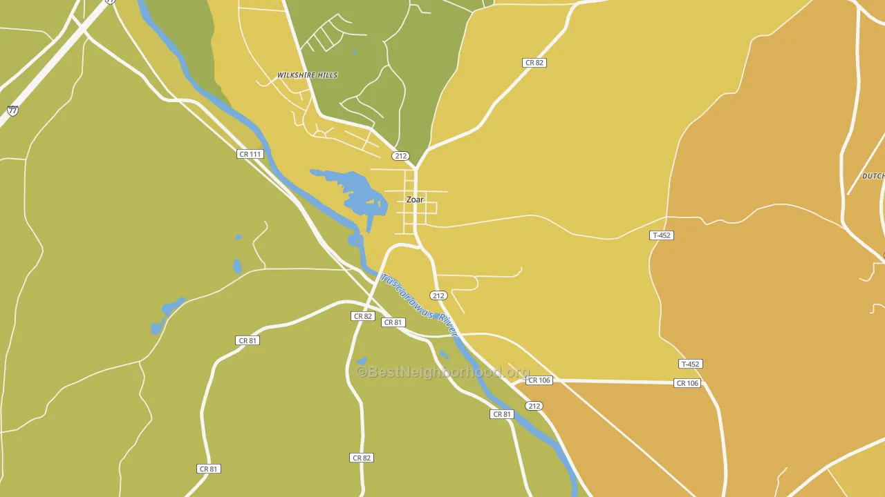 Map of the best neighborhoods in the 44697 area, with better matches in green and worse matches in red