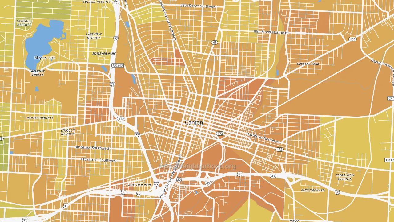 Map of the best neighborhoods in the 44702 area, with better matches in green and worse matches in red