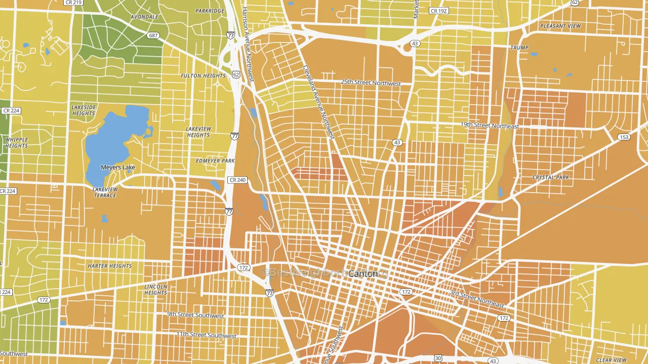 Map of the best neighborhoods in the 44703 area, with better matches in green and worse matches in red