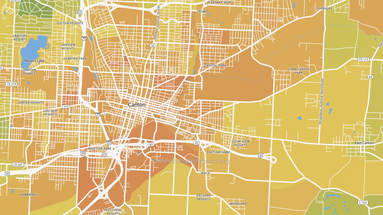 Map of the best neighborhoods in the 44704 area, with better matches in green and worse matches in red