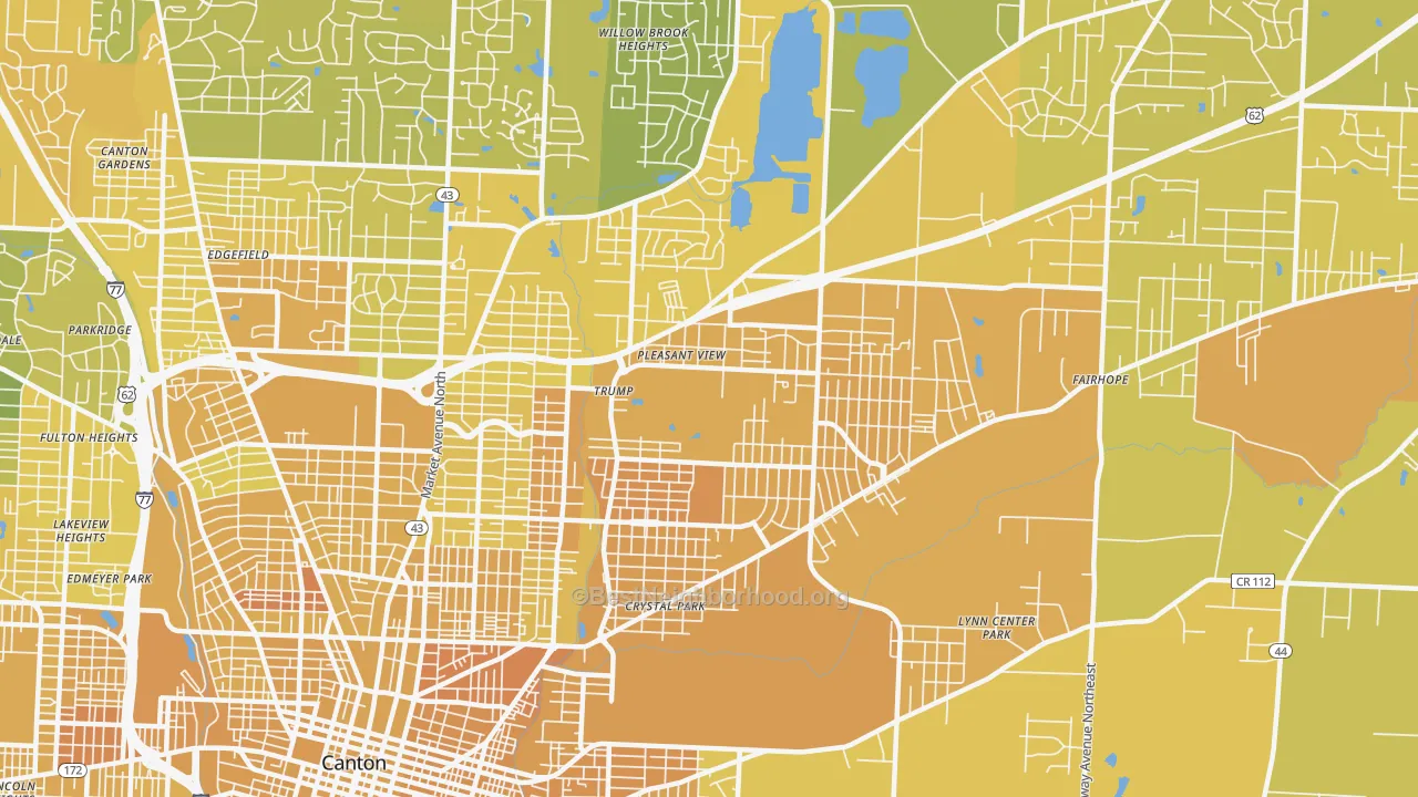 Map of the best neighborhoods in the 44705 area, with better matches in green and worse matches in red