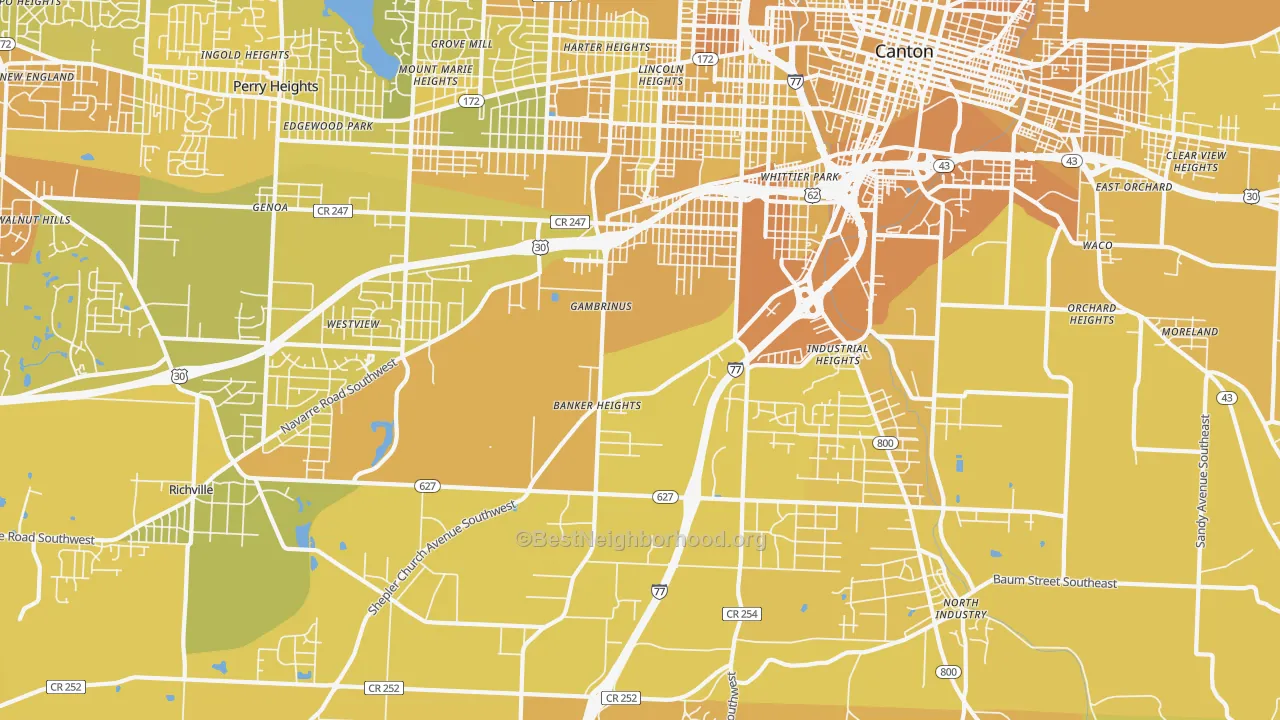 Map of the best neighborhoods in the 44706 area, with better matches in green and worse matches in red