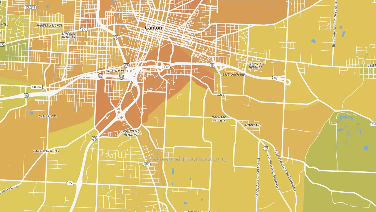 Map of the best neighborhoods in the 44707 area, with better matches in green and worse matches in red