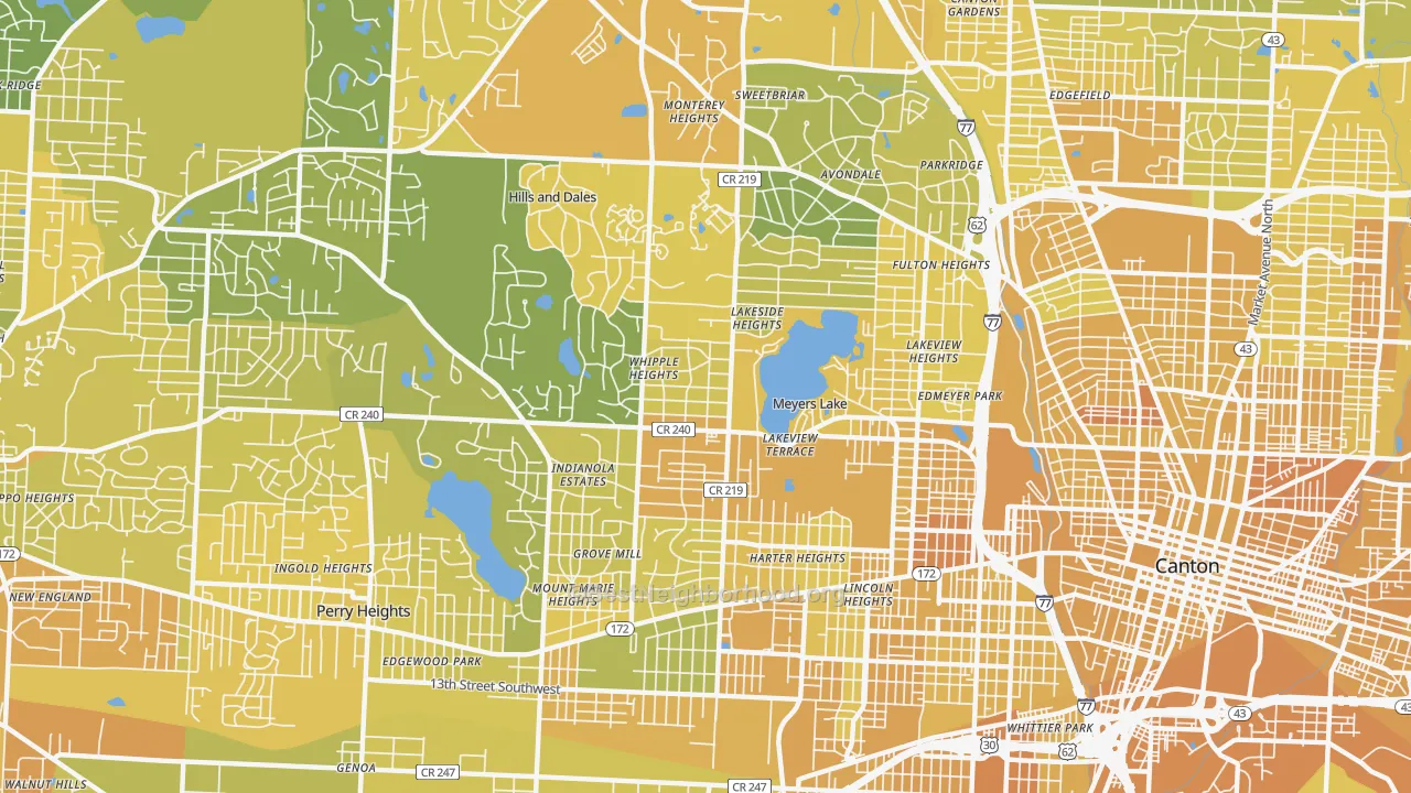 Map of the best neighborhoods in the 44708 area, with better matches in green and worse matches in red
