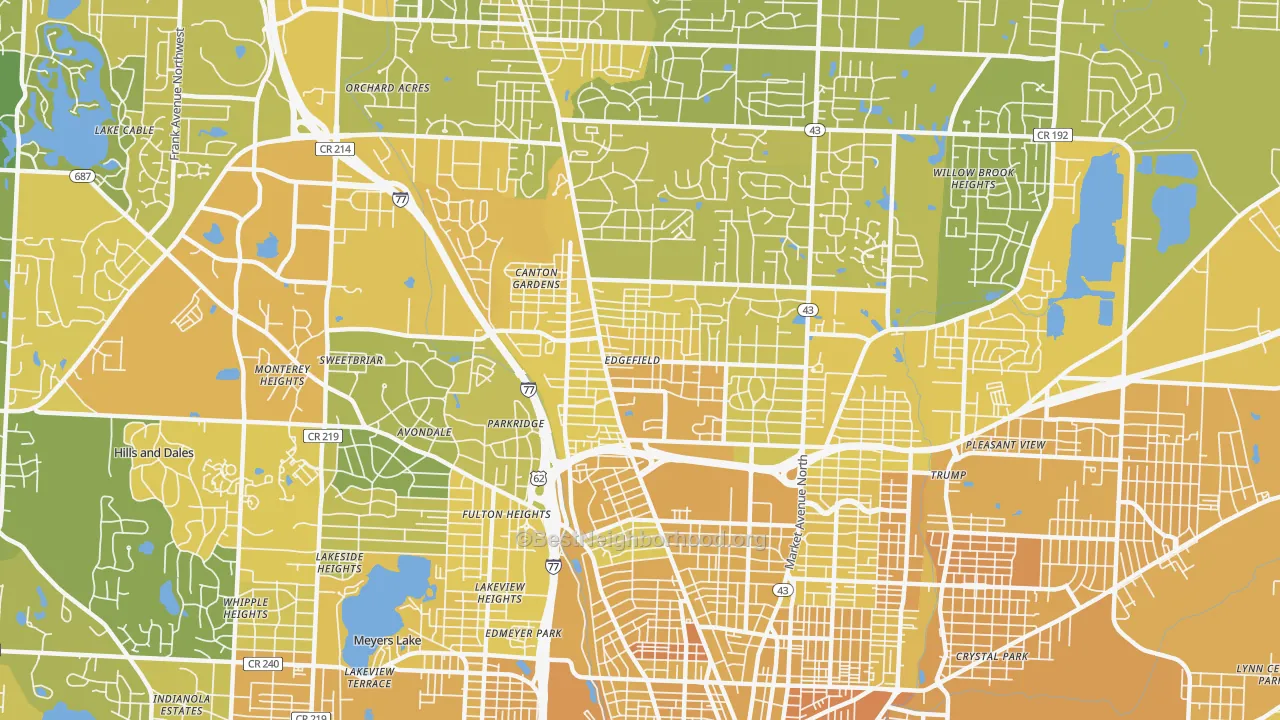 Map of the best neighborhoods in the 44709 area, with better matches in green and worse matches in red