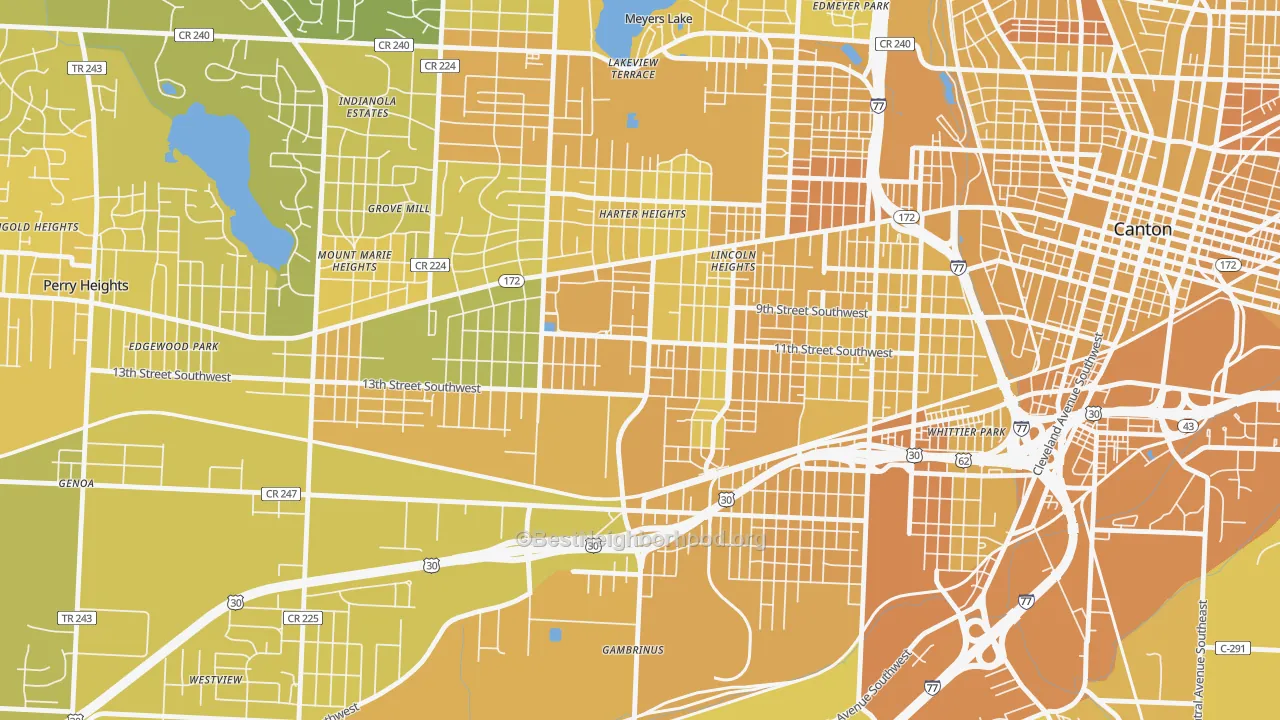 Map of the best neighborhoods in the 44710 area, with better matches in green and worse matches in red