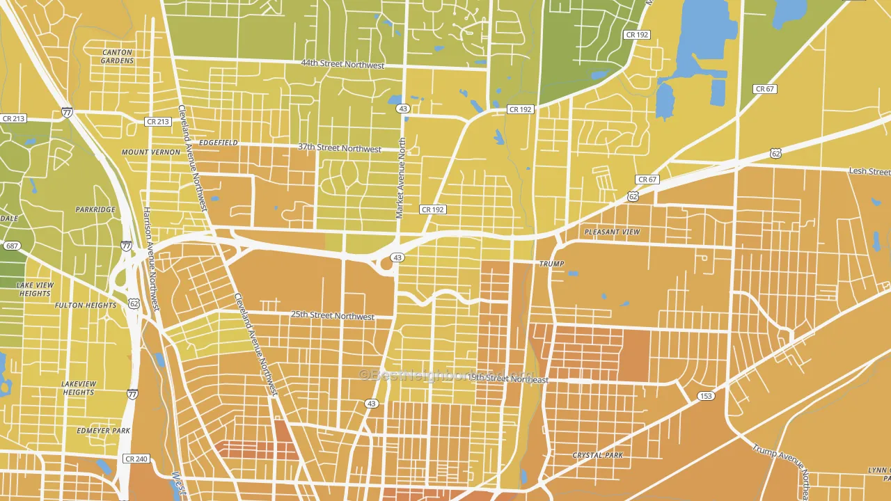 Map of the best neighborhoods in the 44714 area, with better matches in green and worse matches in red