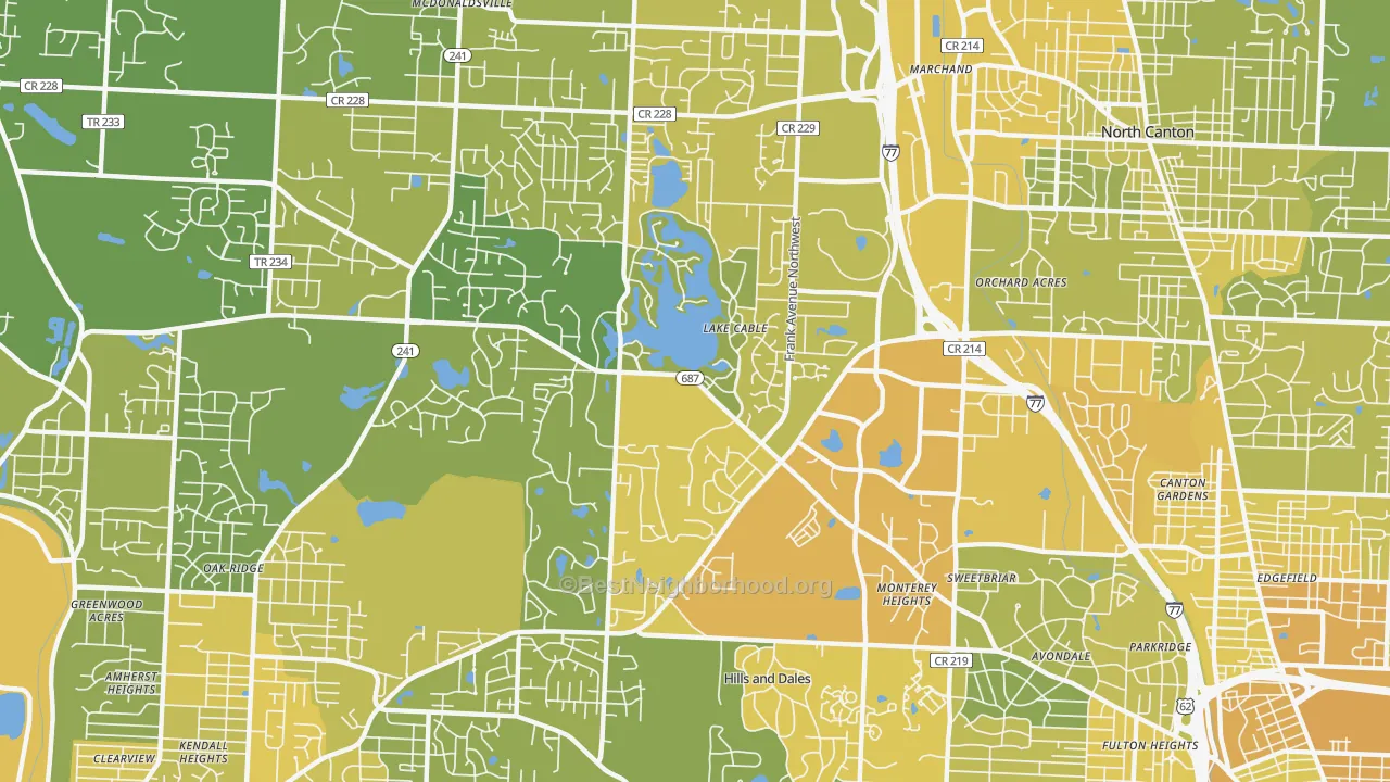 Map of the best neighborhoods in the 44718 area, with better matches in green and worse matches in red