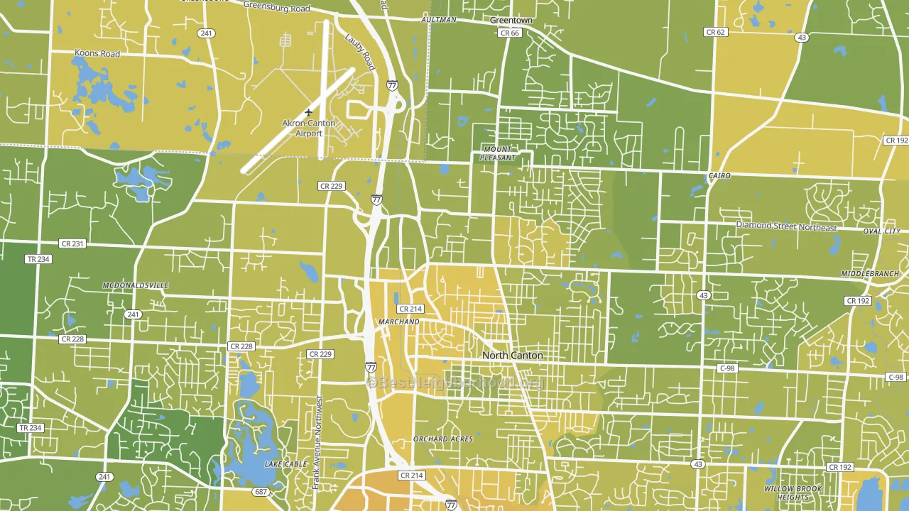 Map of the best neighborhoods in the 44720 area, with better matches in green and worse matches in red
