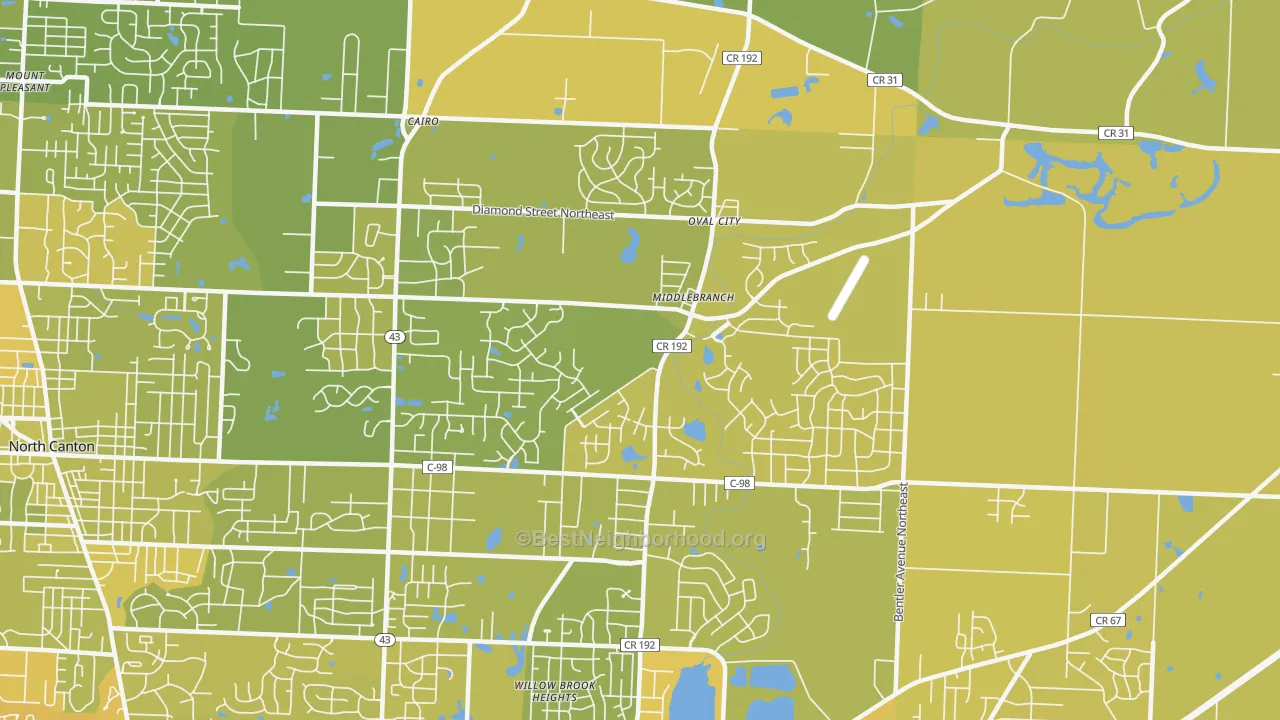Map of the best neighborhoods in the 44721 area, with better matches in green and worse matches in red