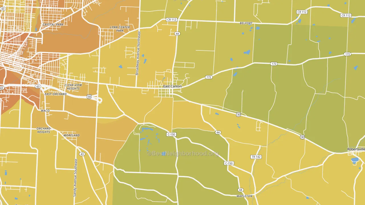 Map of the best neighborhoods in the 44730 area, with better matches in green and worse matches in red