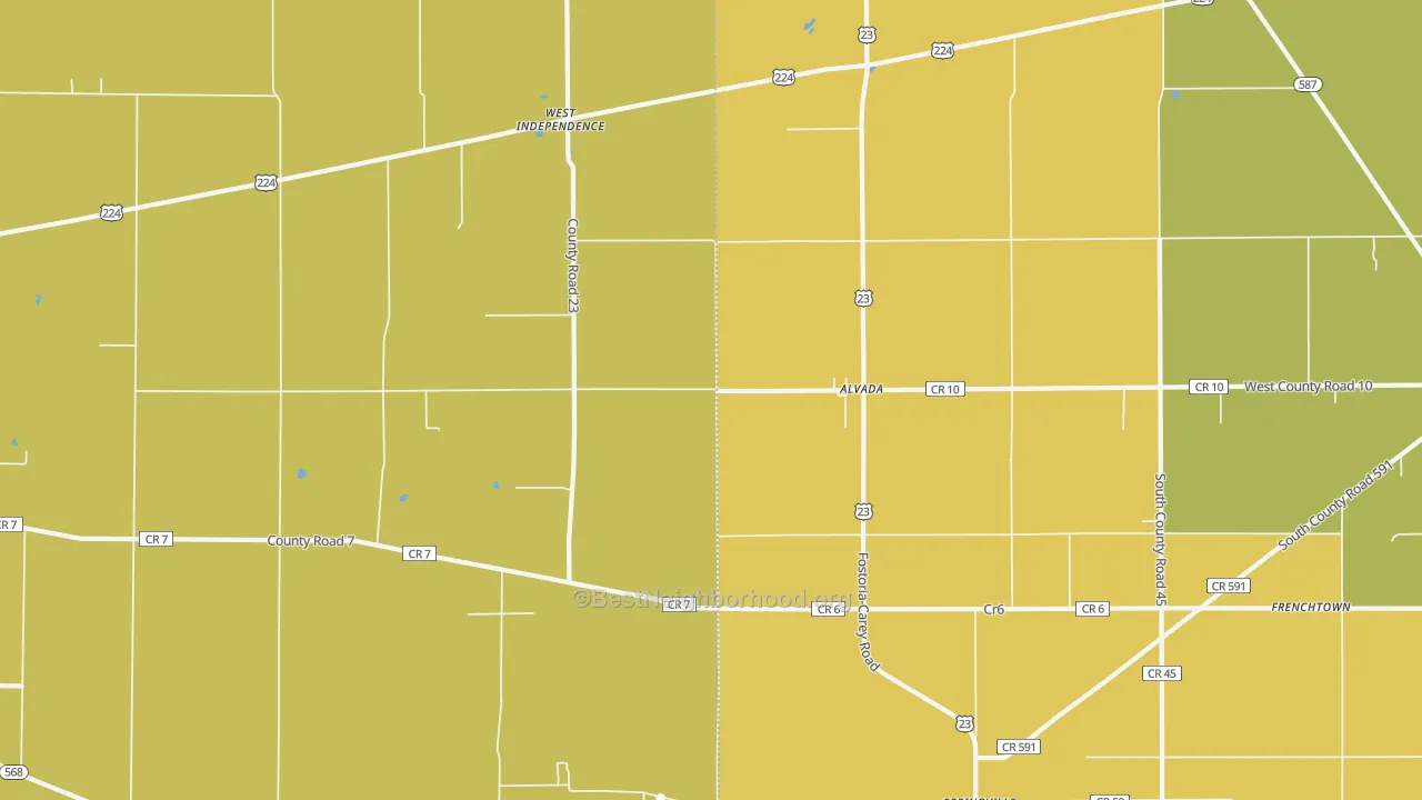 Map of the best neighborhoods in the 44802 area, with better matches in green and worse matches in red