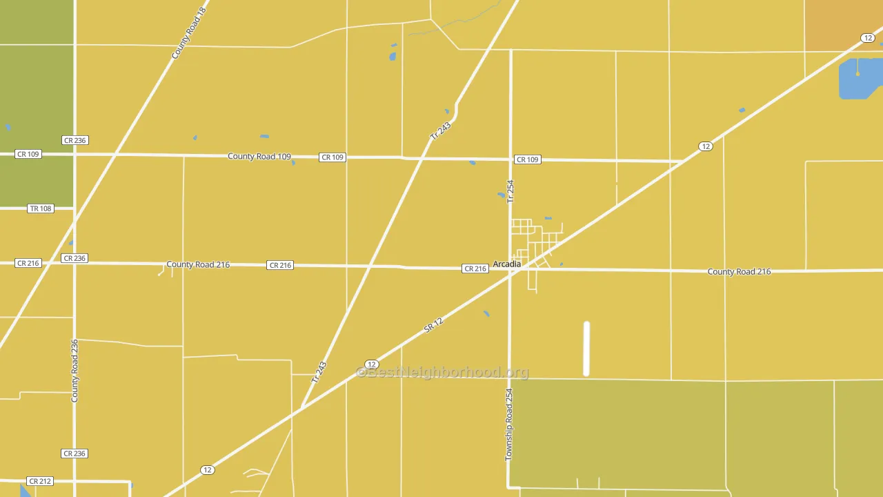 Map of the best neighborhoods in the 44804 area, with better matches in green and worse matches in red