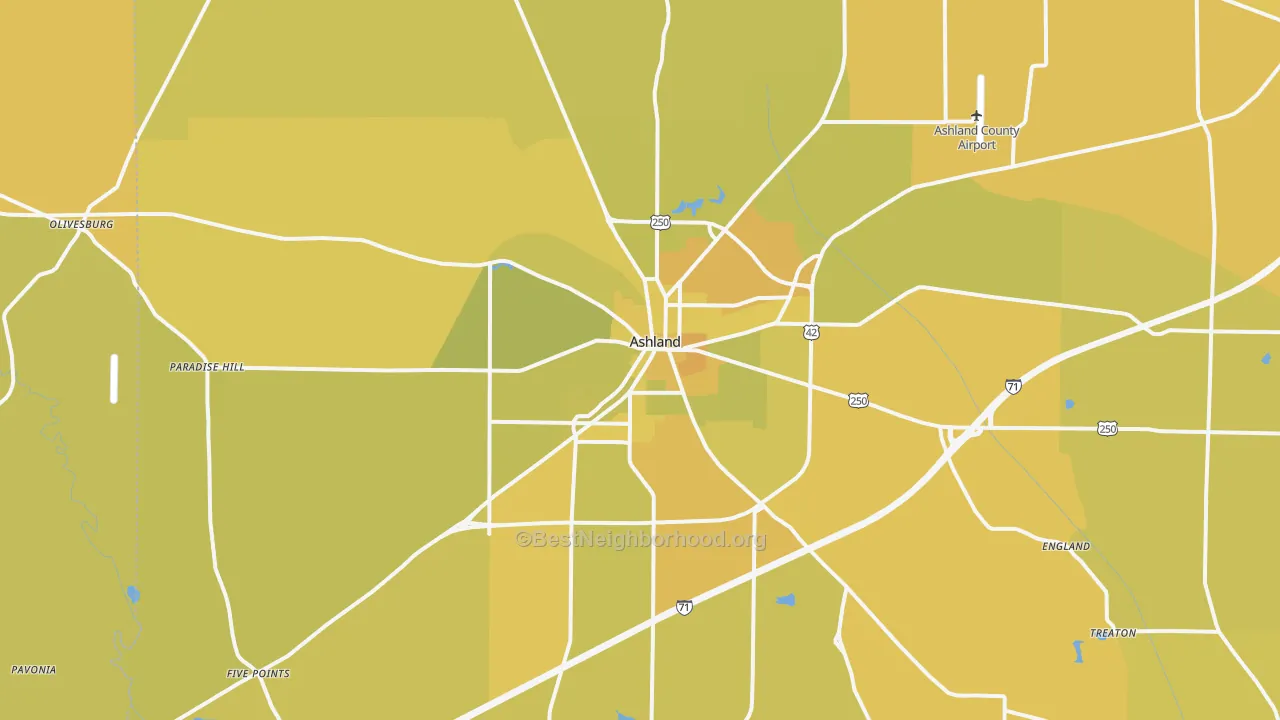 Map of the best neighborhoods in the 44805 area, with better matches in green and worse matches in red