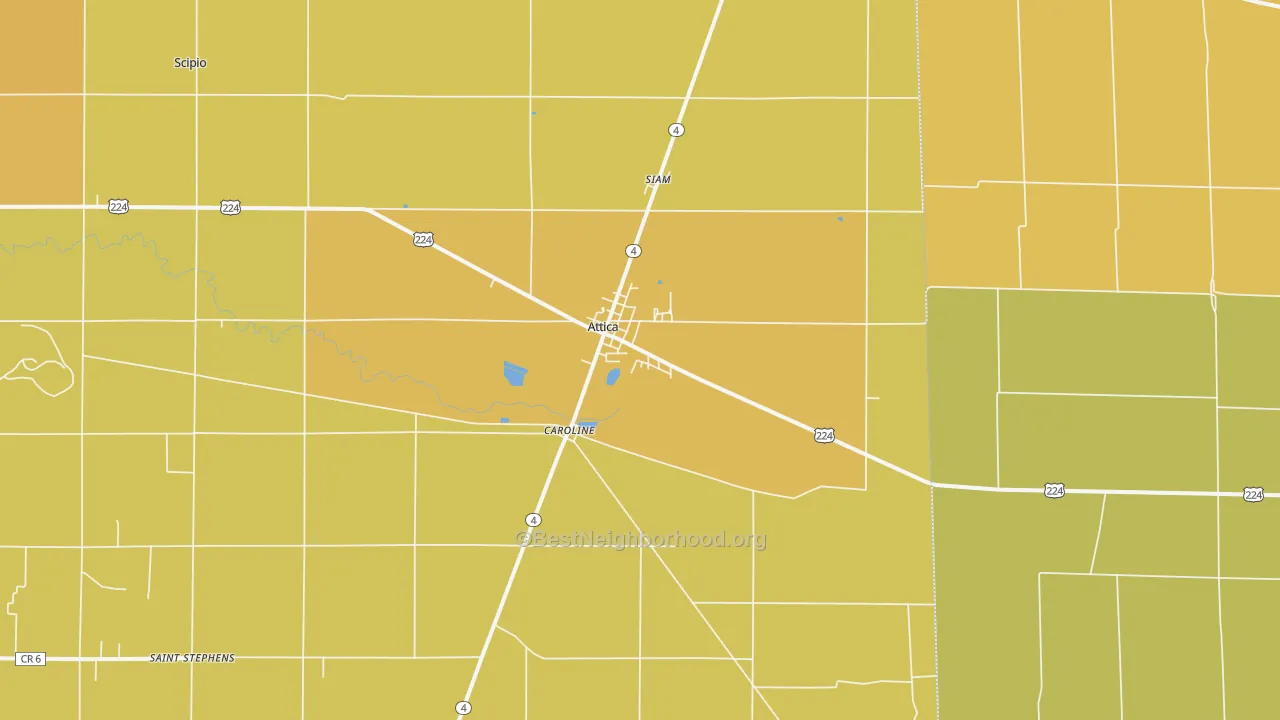 Map of the best neighborhoods in the 44807 area, with better matches in green and worse matches in red