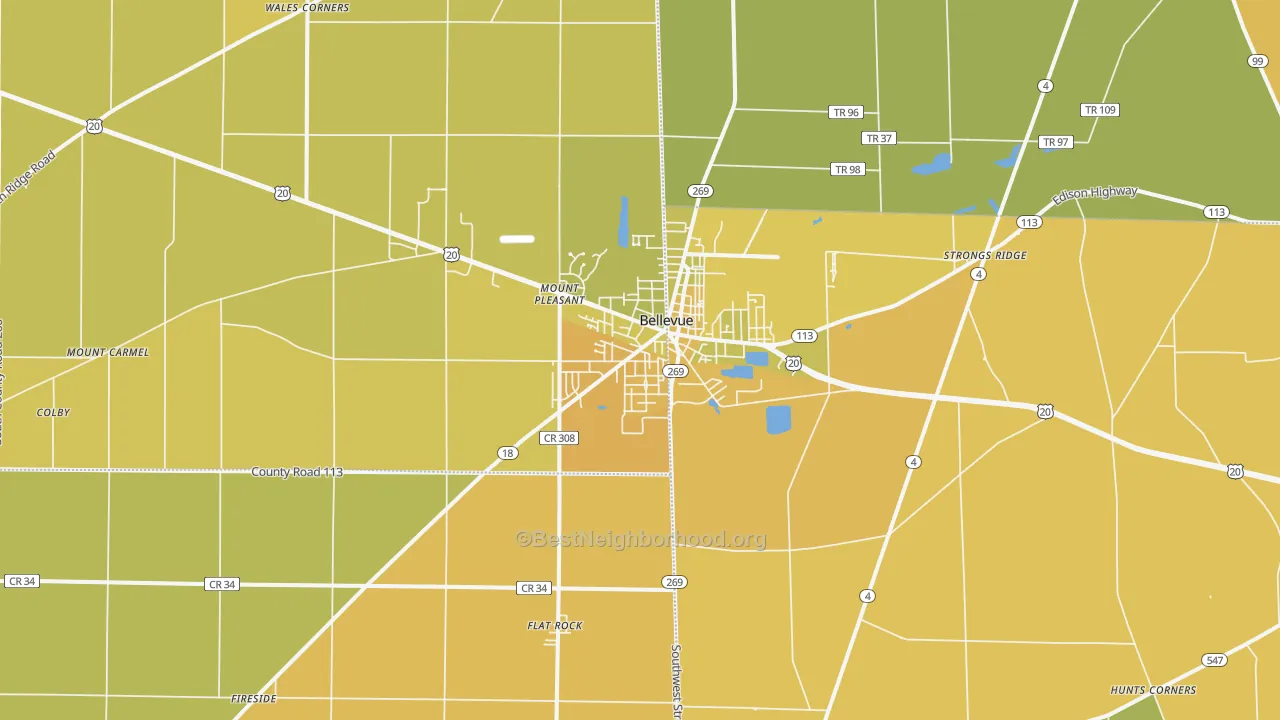 Map of the best neighborhoods in the 44811 area, with better matches in green and worse matches in red