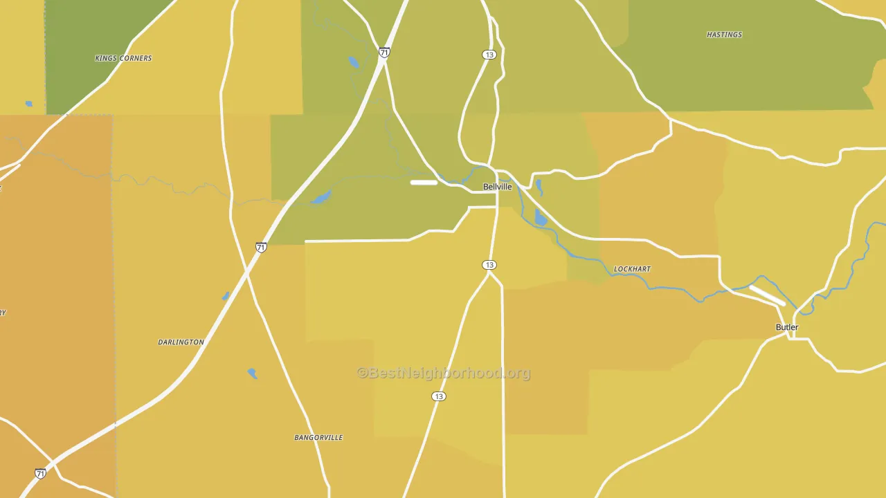 Map of the best neighborhoods in the 44813 area, with better matches in green and worse matches in red