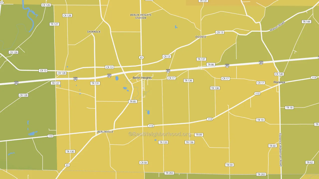 Map of the best neighborhoods in the 44814 area, with better matches in green and worse matches in red