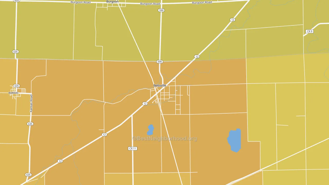 Map of the best neighborhoods in the 44815 area, with better matches in green and worse matches in red