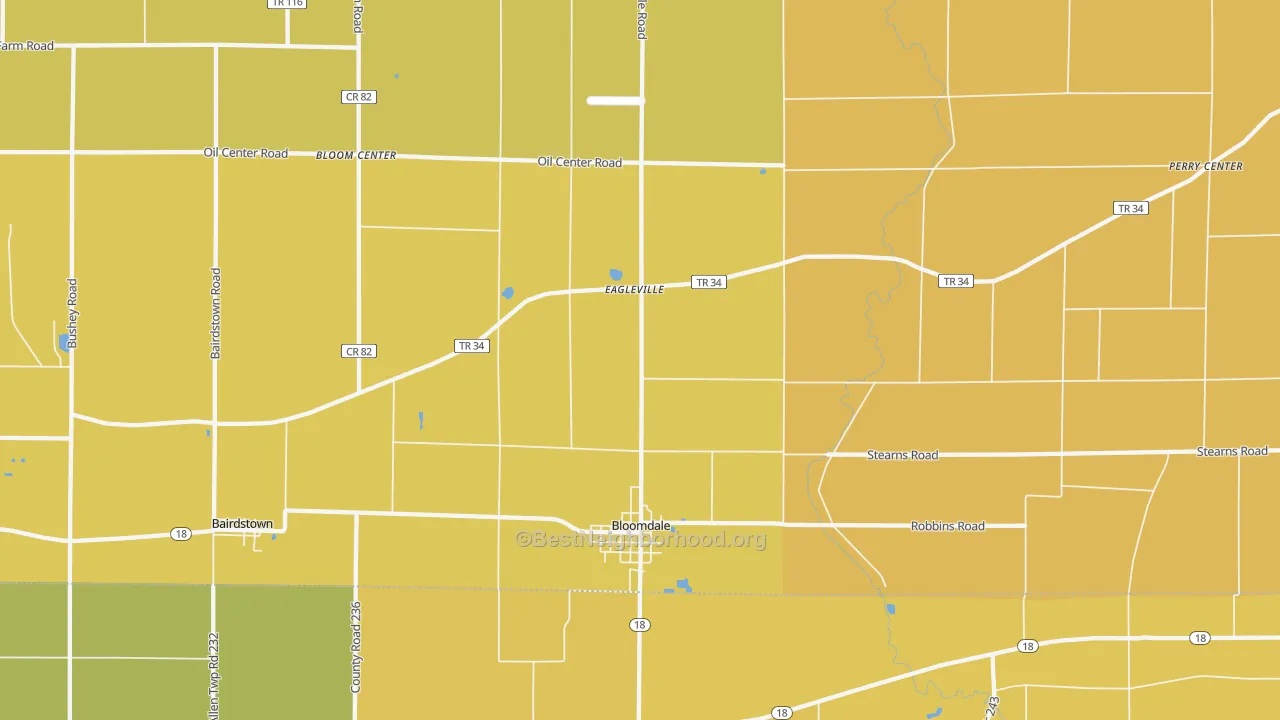 Map of the best neighborhoods in the 44817 area, with better matches in green and worse matches in red
