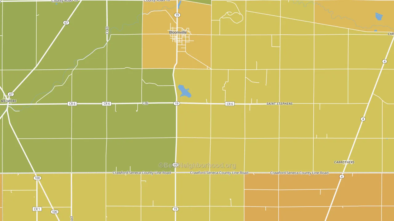 Map of the best neighborhoods in the 44818 area, with better matches in green and worse matches in red