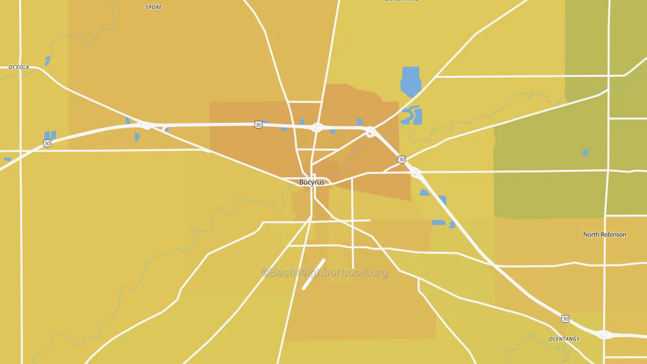 Map of the best neighborhoods in the 44820 area, with better matches in green and worse matches in red