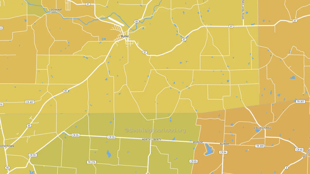 Map of the best neighborhoods in the 44822 area, with better matches in green and worse matches in red