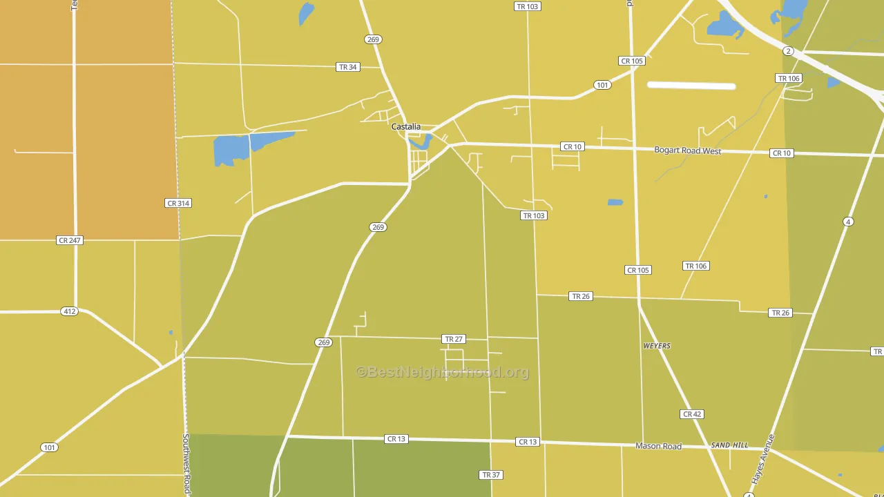 Map of the best neighborhoods in the 44824 area, with better matches in green and worse matches in red