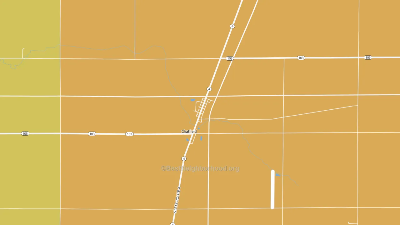 Map of the best neighborhoods in the 44825 area, with better matches in green and worse matches in red