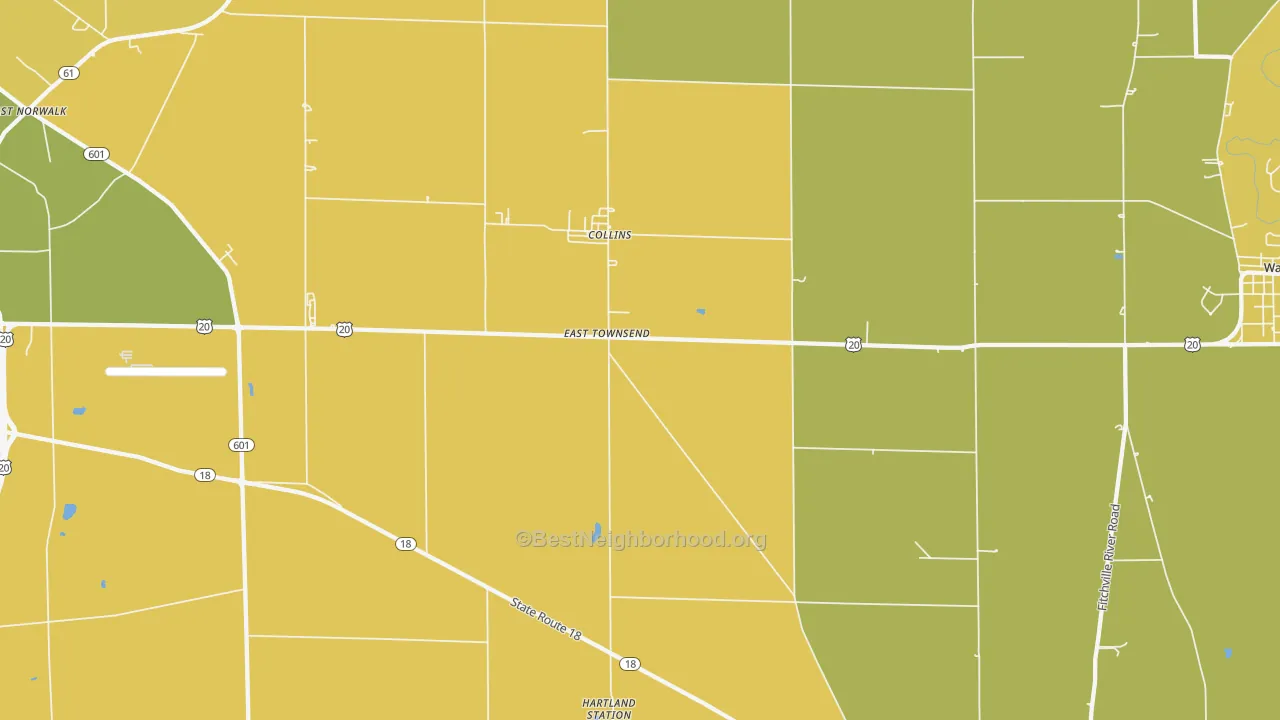 Map of the best neighborhoods in the 44826 area, with better matches in green and worse matches in red