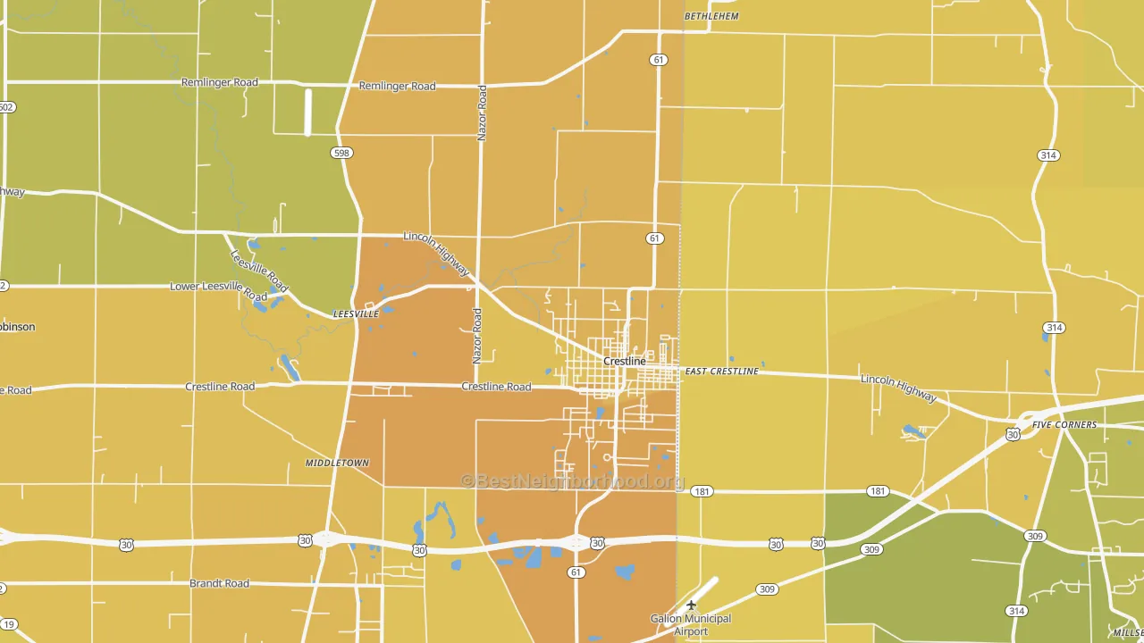 Map of the best neighborhoods in the 44827 area, with better matches in green and worse matches in red