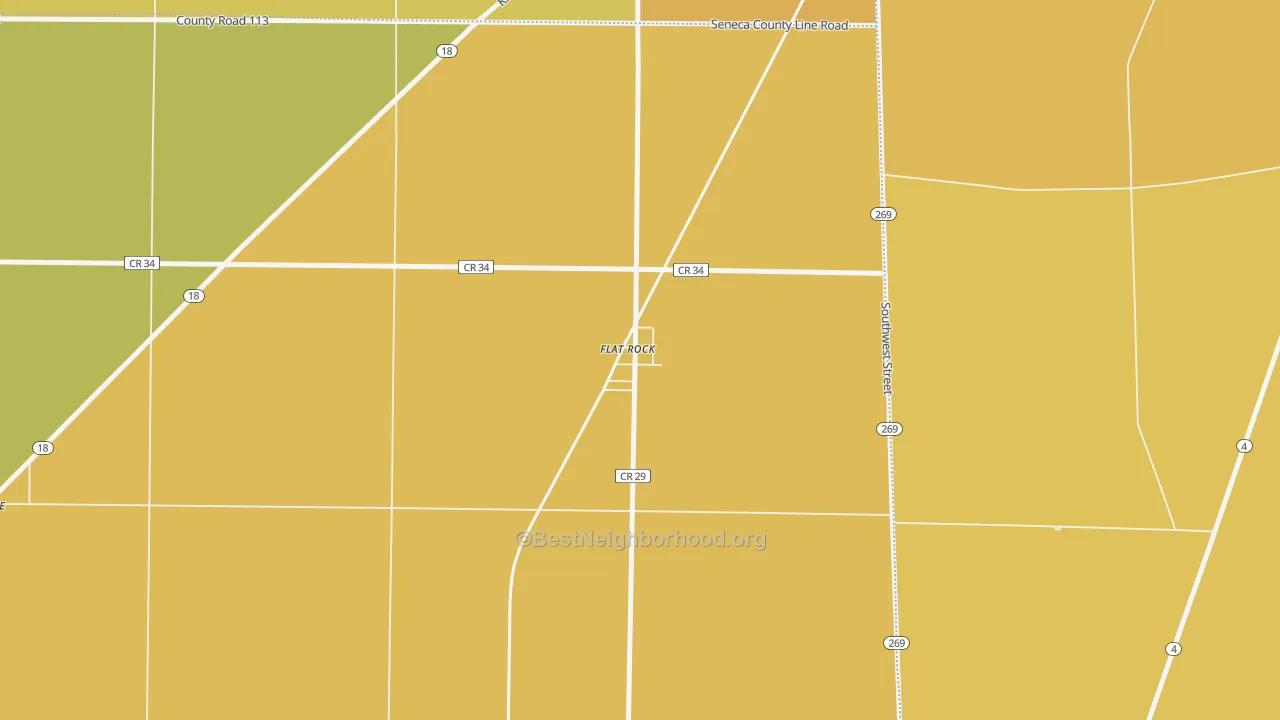 Map of the best neighborhoods in the 44828 area, with better matches in green and worse matches in red