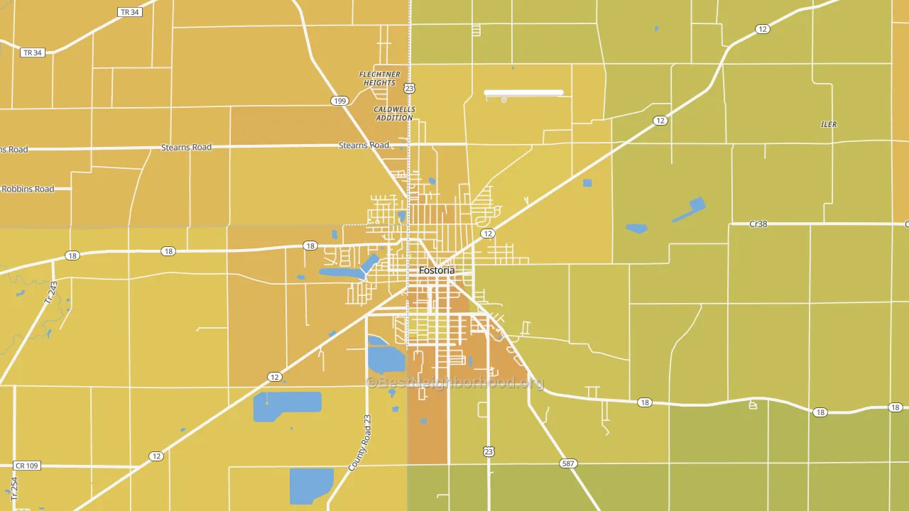 Map of the best neighborhoods in the 44830 area, with better matches in green and worse matches in red