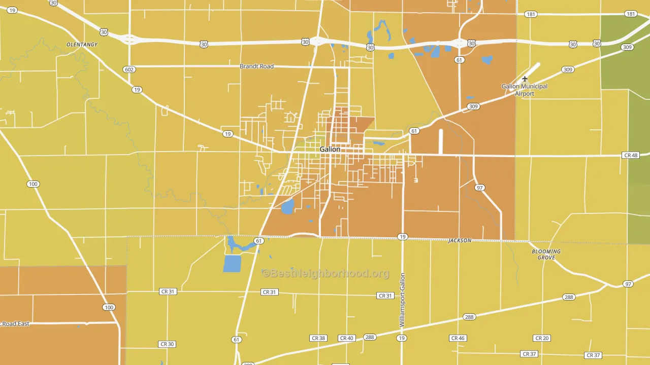 Map of the best neighborhoods in the 44833 area, with better matches in green and worse matches in red