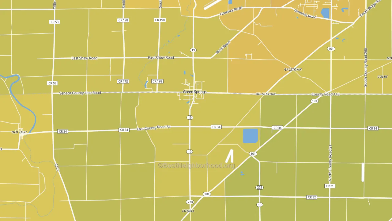 Map of the best neighborhoods in the 44836 area, with better matches in green and worse matches in red