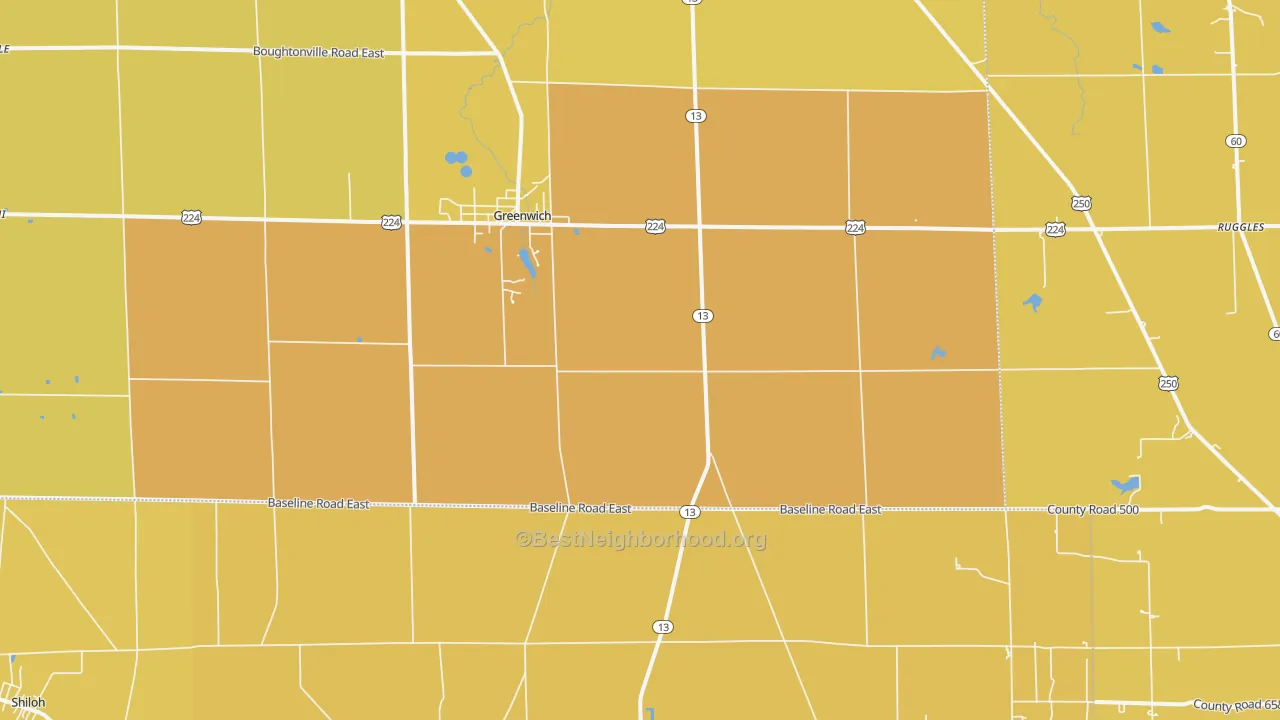 Map of the best neighborhoods in the 44837 area, with better matches in green and worse matches in red