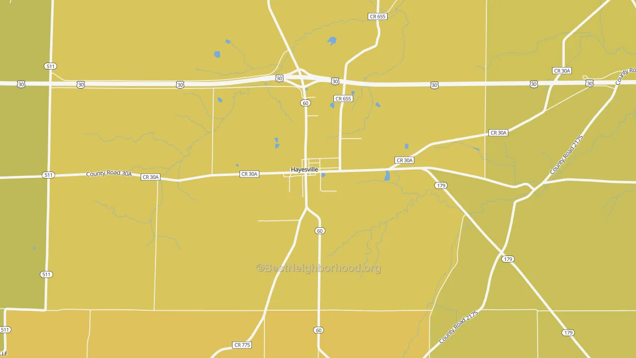 Map of the best neighborhoods in the 44838 area, with better matches in green and worse matches in red