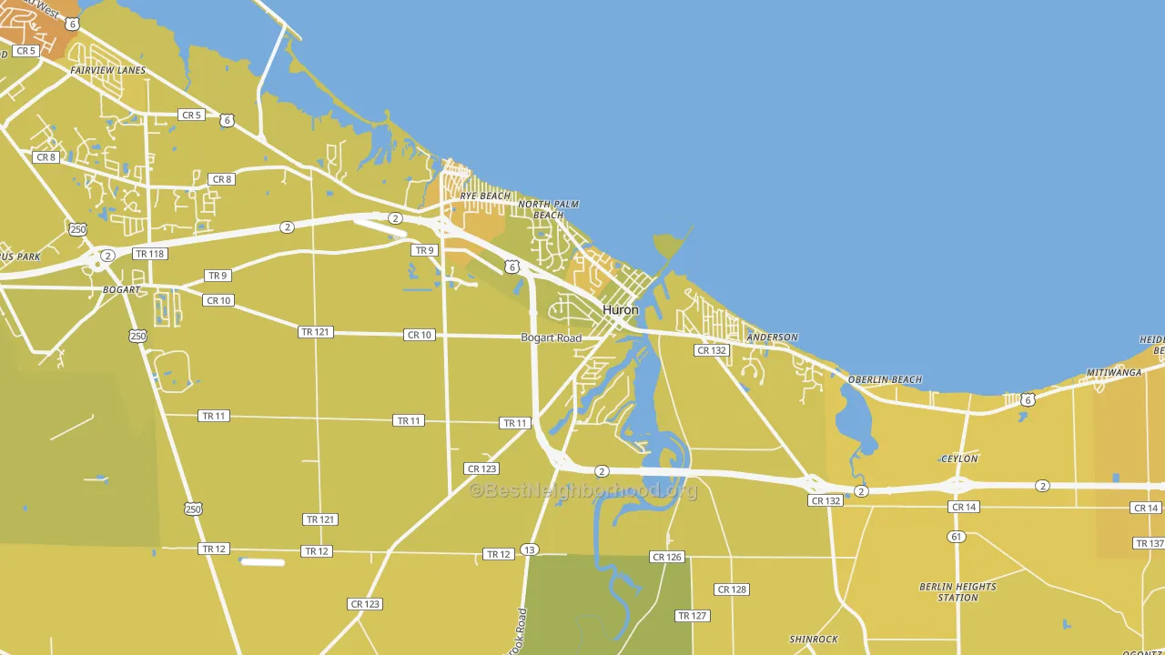 Map of the best neighborhoods in the 44839 area, with better matches in green and worse matches in red
