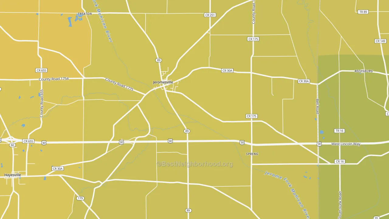Map of the best neighborhoods in the 44840 area, with better matches in green and worse matches in red