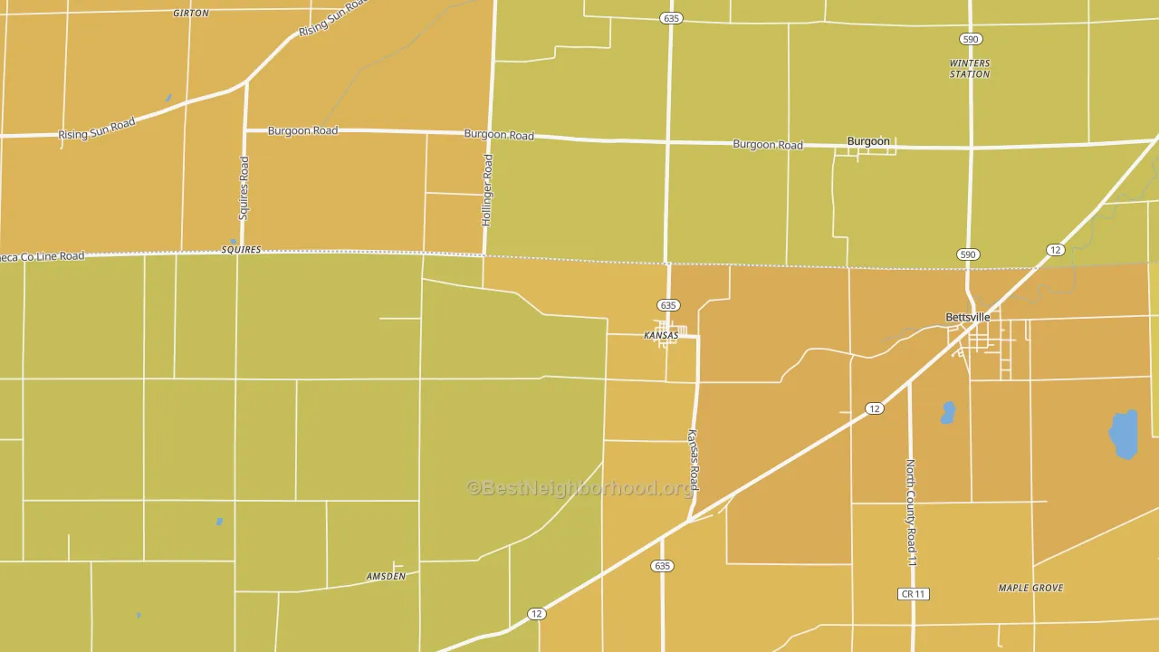 Map of the best neighborhoods in the 44841 area, with better matches in green and worse matches in red
