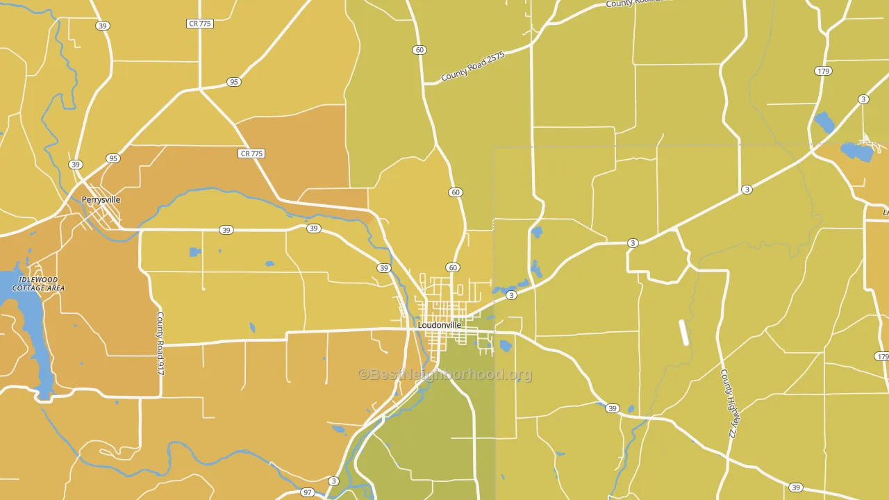 Map of the best neighborhoods in the 44842 area, with better matches in green and worse matches in red