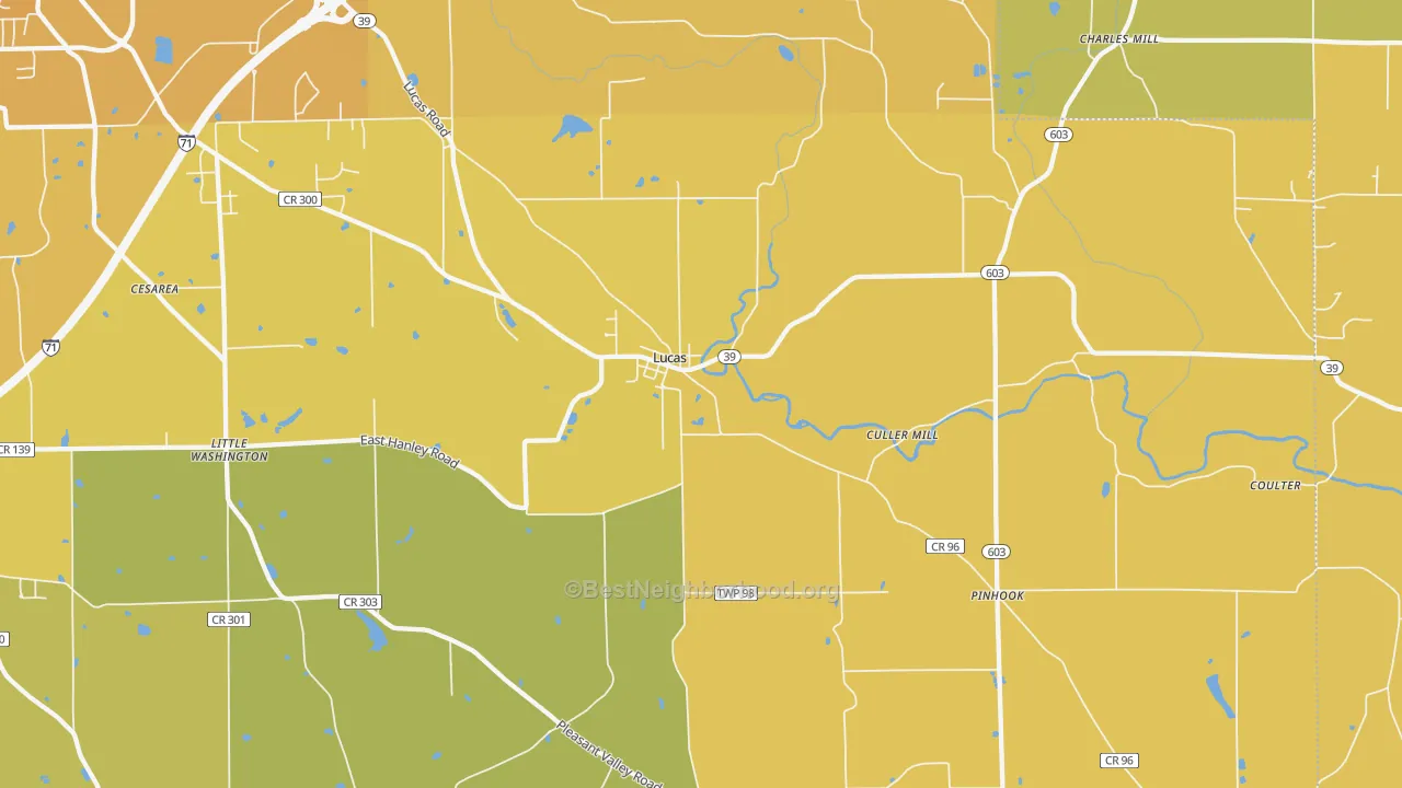 Map of the best neighborhoods in the 44843 area, with better matches in green and worse matches in red