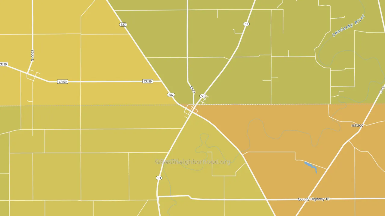 Map of the best neighborhoods in the 44844 area, with better matches in green and worse matches in red