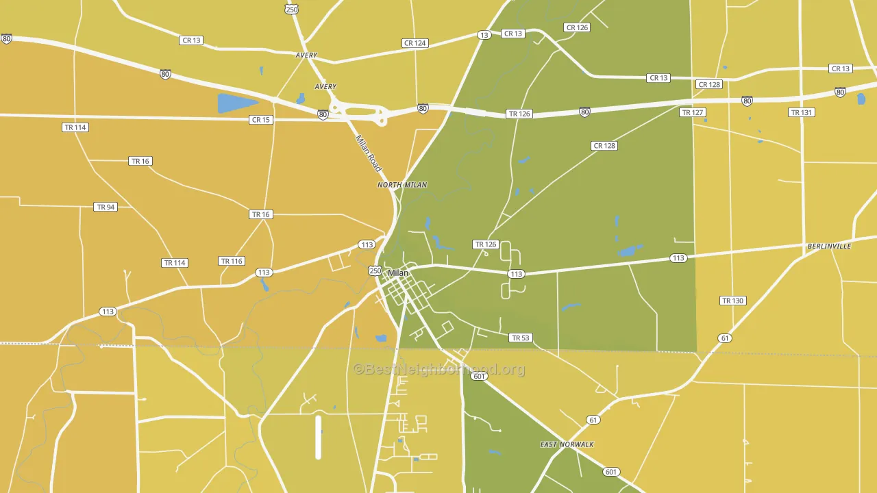 Map of the best neighborhoods in the 44846 area, with better matches in green and worse matches in red